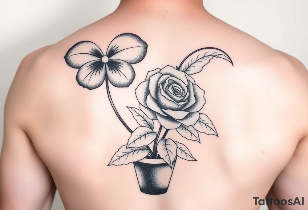 African violet, Daisy, Lily of the valley, Rose in a flower pot. Light color shading tattoo idea