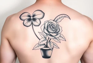 African violet, Daisy, Lily of the valley, Rose in a flower pot. Light color shading tattoo idea