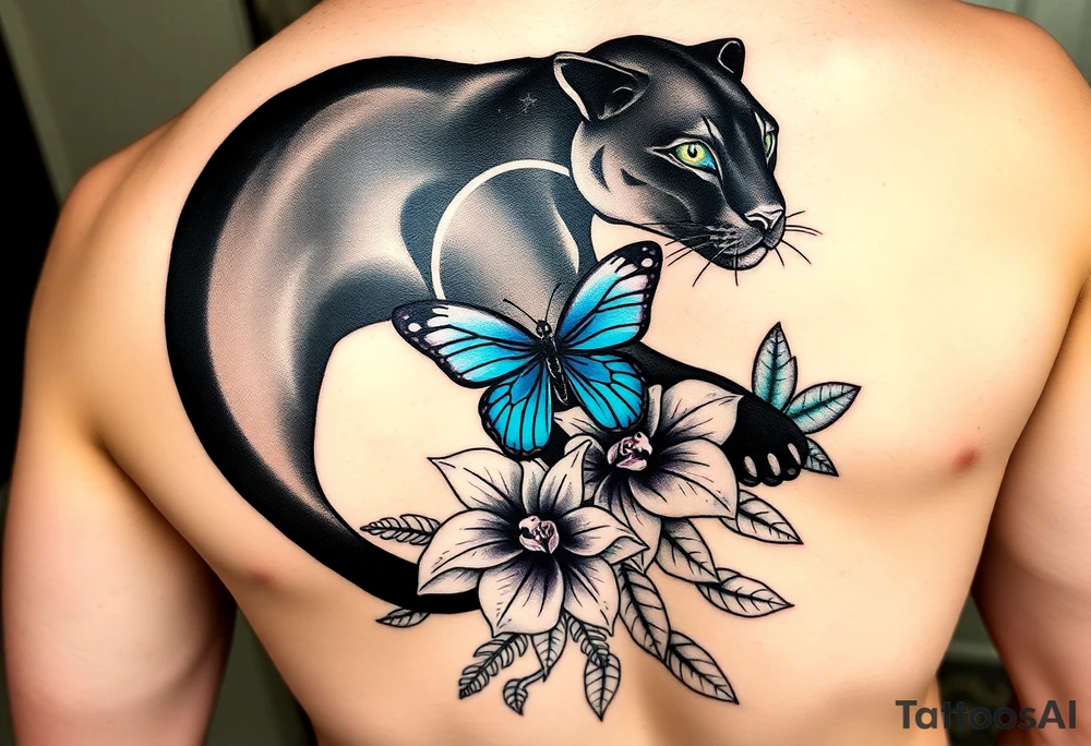 "Neo-traditional black panther curved along ribs, Gemini constellation in eyes, monstera leaves on chest, blue morpho butterfly on orchid near collarbone, jungle vines wrapping legs – color palette: emerald, indigo, turquoise, plum – 10x7 inches" tattoo idea