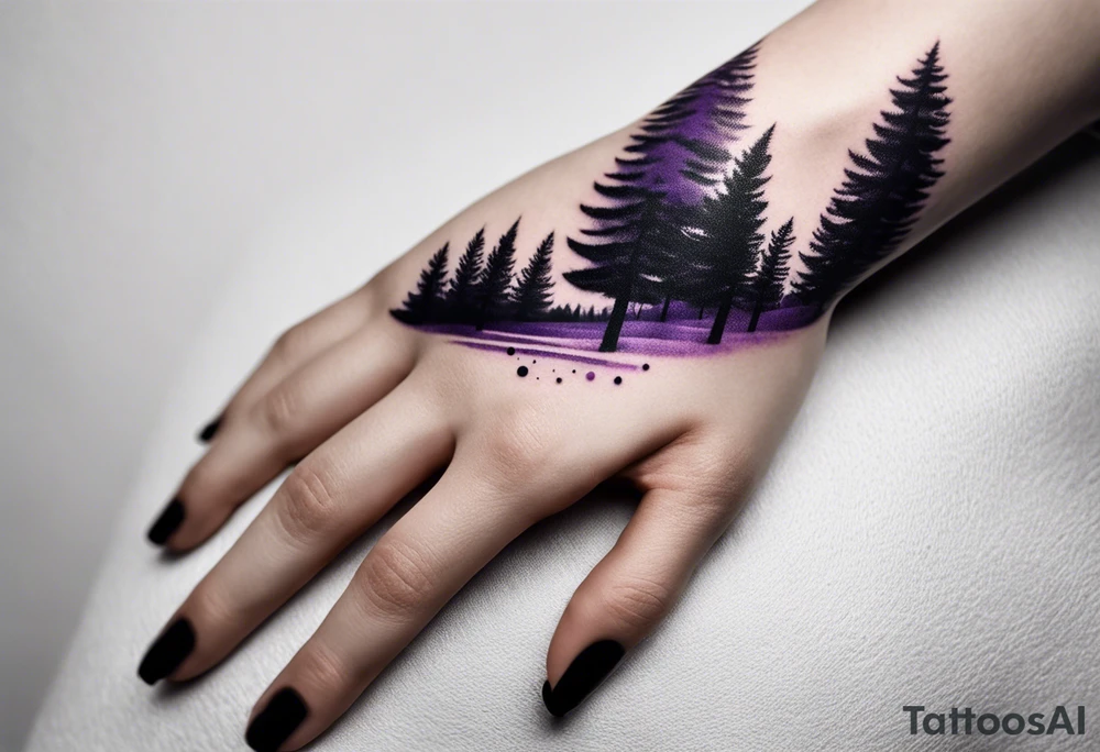 forest, abstract, on hand, no people, purple and black, full, whole wrist wrapped tattoo idea