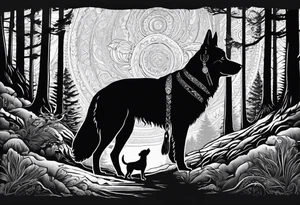 A shadow of a father and wife and young son and young daughter  of four and dog walking through the Pacific Northwest Forrest. Mexican art. Trust in God tattoo idea