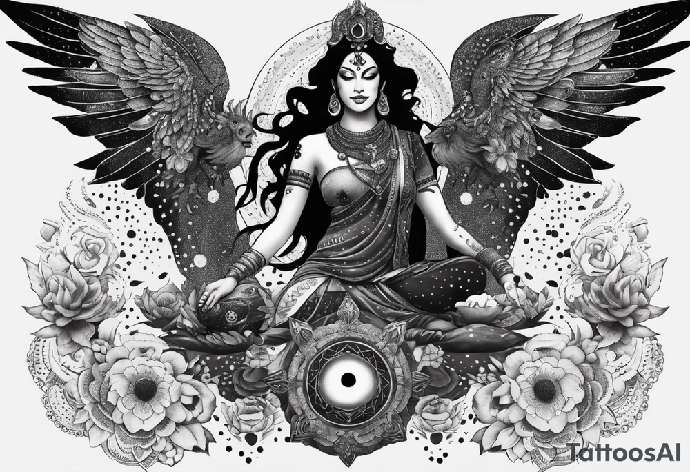 black kali, goddess pirate, alien, angel, pachamama, valkrye, warrior, flying, skull, lotus azul, wing, eagle, zenza resonance, stars, 5D, anahata chakra, death, durga, riding on a tiger, flying lady, kundalini, chest tatoo, samuri, rebel, serpent tattoo idea