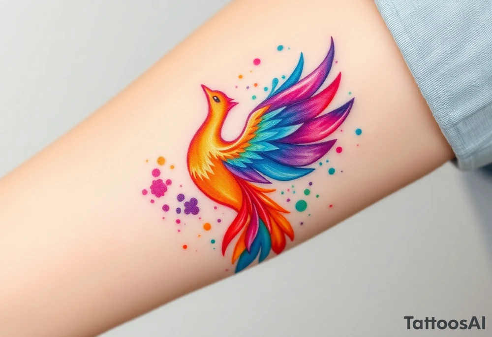 Phoenix in flames with purple, blue, orange, teal and green splashes, looking upwards. No outline. tattoo idea