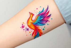 Phoenix in flames with purple, blue, orange, teal and green splashes, looking upwards. No outline. tattoo idea