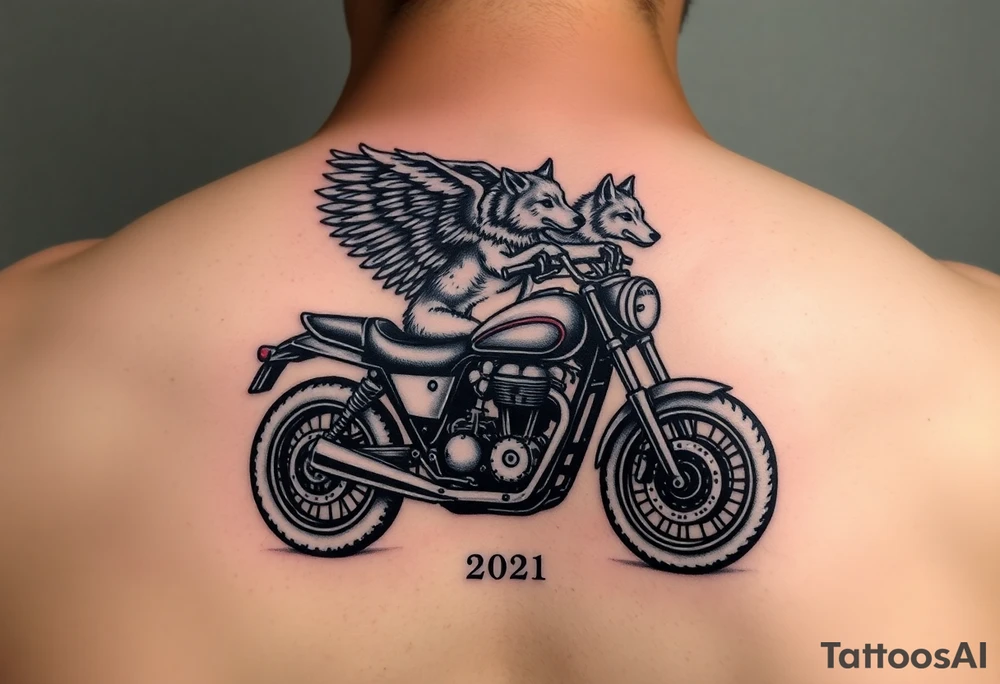 the year 1958 - 2021 with a motorcycle on it with guardian angel wolves tattoo idea