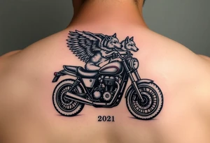 the year 1958 - 2021 with a motorcycle on it with guardian angel wolves tattoo idea