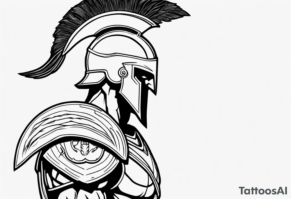 rectangular landscape format ultra-fine line linework vector of a spartan from the side, spartan spear, spartan shield, laurel wreath tattoo idea