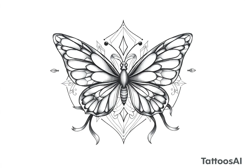 ethereal butterfly with flowing silk ribbons in geometric mandala tattoo idea