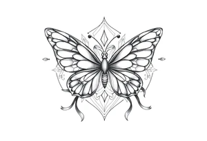 ethereal butterfly with flowing silk ribbons in geometric mandala tattoo idea