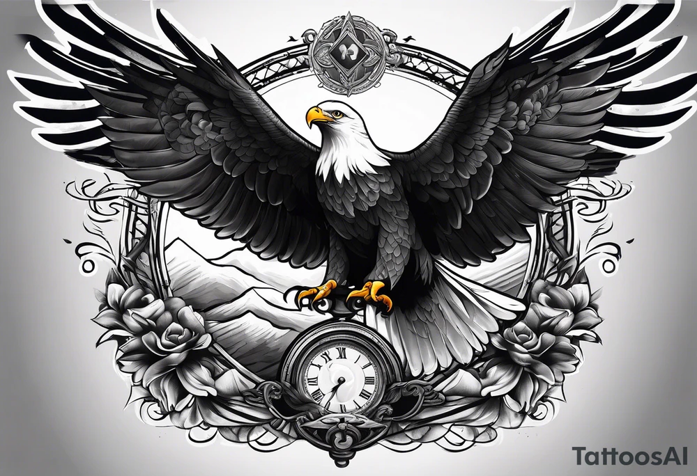 idea of pain for glory in life, discipline and catholic religion. Tattoo on the back with an eagle , 2 doves and fish tattoo idea