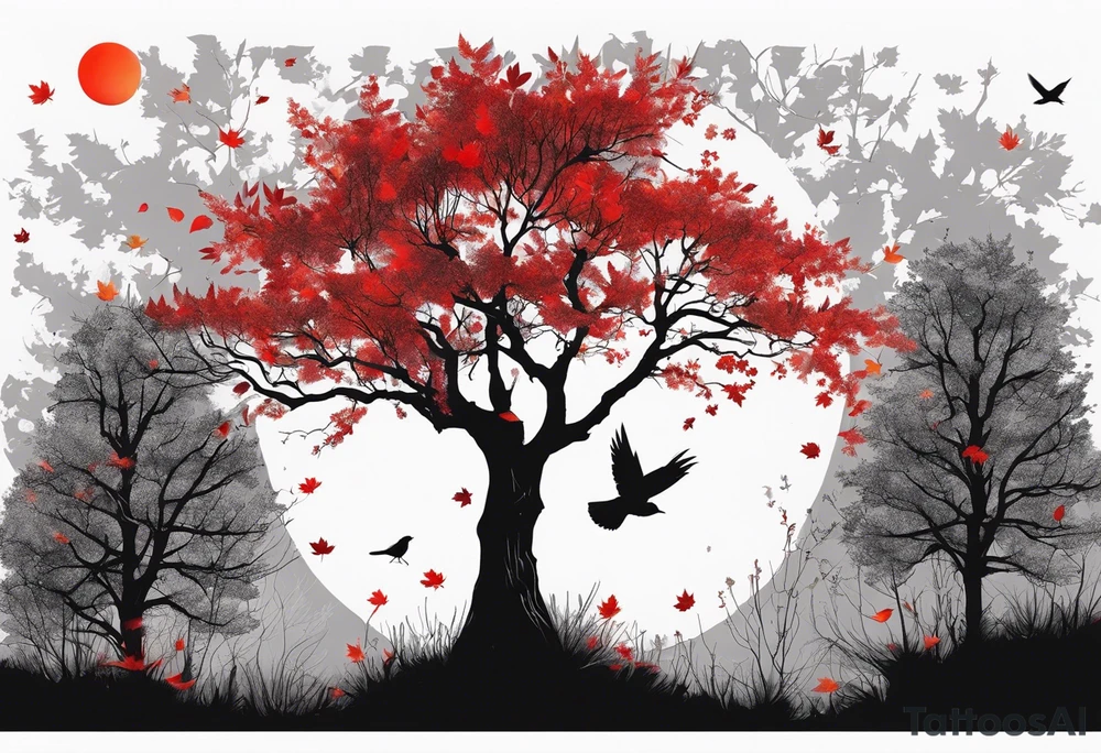 trash polka style. Arm tattoo. chest tattoo. Long tattoo. large tattoo. Full sleeve. Shoulder. A single large maple tree with red autumn leaves that branches upwards from wrist to shoulder. White-throated dipper bird on the trees branches. Calluna flowers at the base of the trees stem. Tree stem has dark colors. Red/yellow sunset behind the trees stem. Leaves falling. tattoo idea