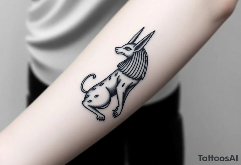 Design a tattoo of Anubis, as though it was carved into stone, it should have a sculptural stone like featured with a classic Anubis style their design should fill a forearm and be hyper, realistic, black, and gray tattoo idea