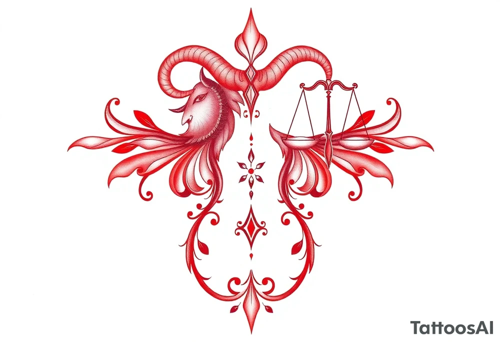 Tattoo that combines the star sign Taurus and Libra ,in red , down the spine tattoo idea