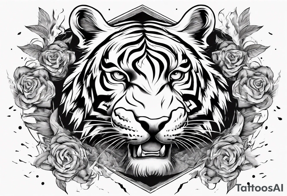Ancient tiger with lightning and a sun for a forearm sleeve. With patterns surrounding it tattoo idea