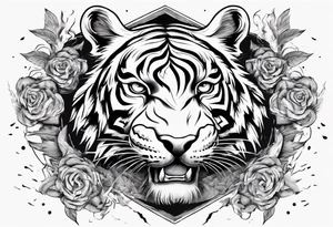 Ancient tiger with lightning and a sun for a forearm sleeve. With patterns surrounding it tattoo idea