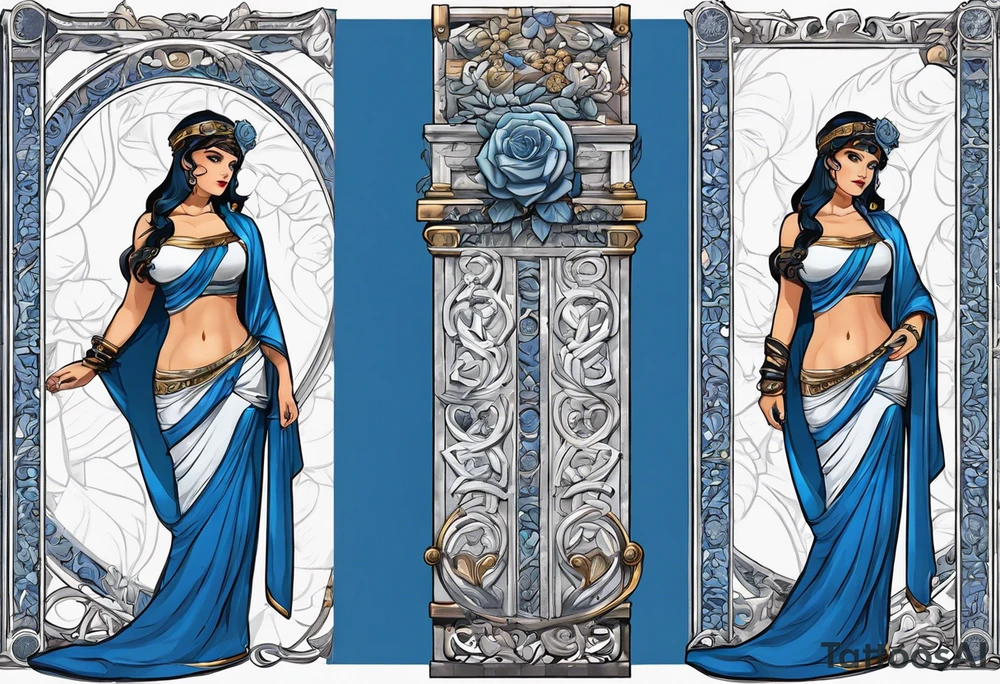 ancient rome clothes ,women,,ancient scale in one hand, blue rose frames, justicia ,keeps  scale tattoo idea
