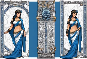 ancient rome clothes ,women,,ancient scale in one hand, blue rose frames, justicia ,keeps  scale tattoo idea