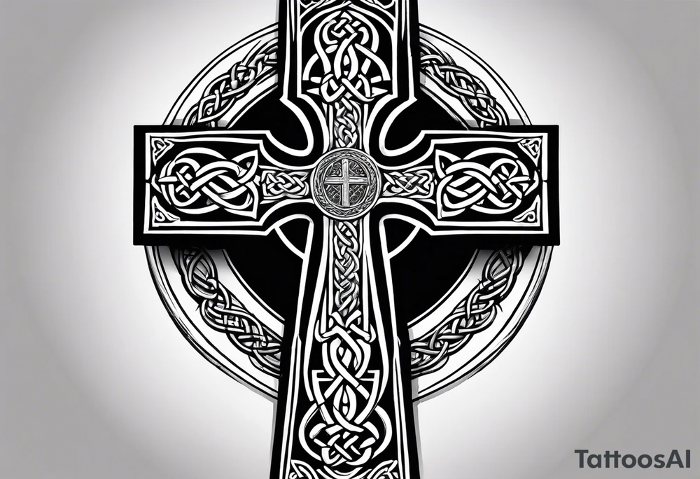 A stone Celtic cross with a raven perched on the arm of the cross tattoo idea