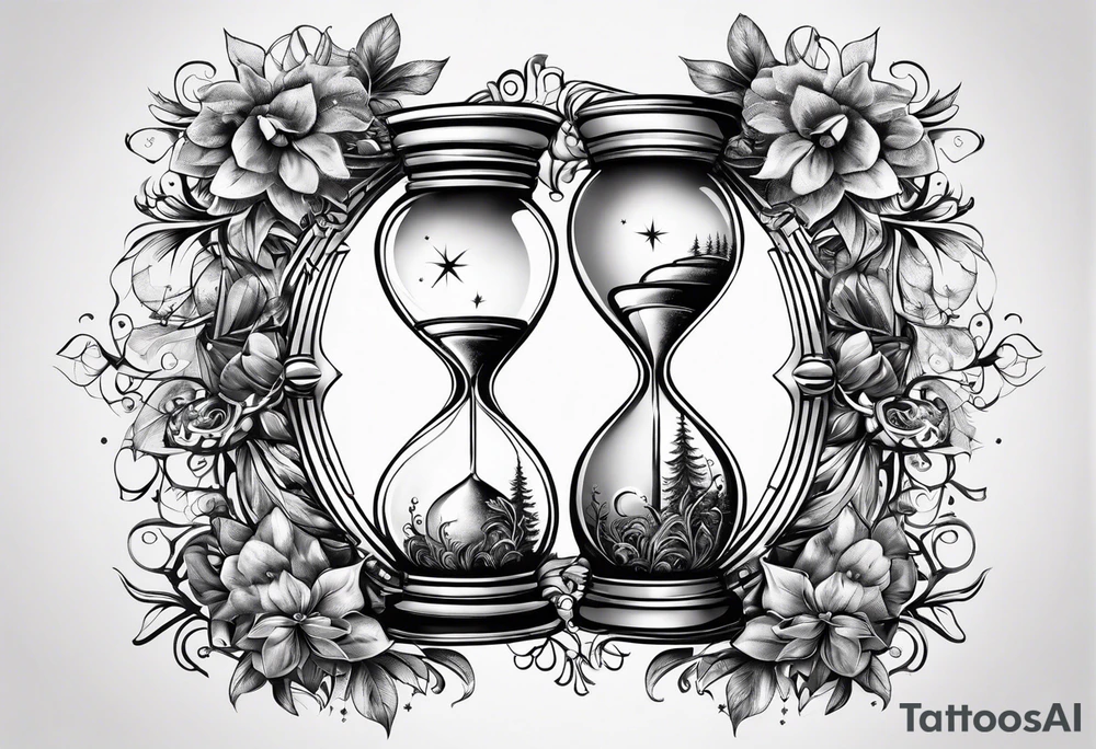 hourglass with vegetation, stars and hydrogen atoms tattoo idea