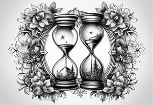 hourglass with vegetation, stars and hydrogen atoms tattoo idea