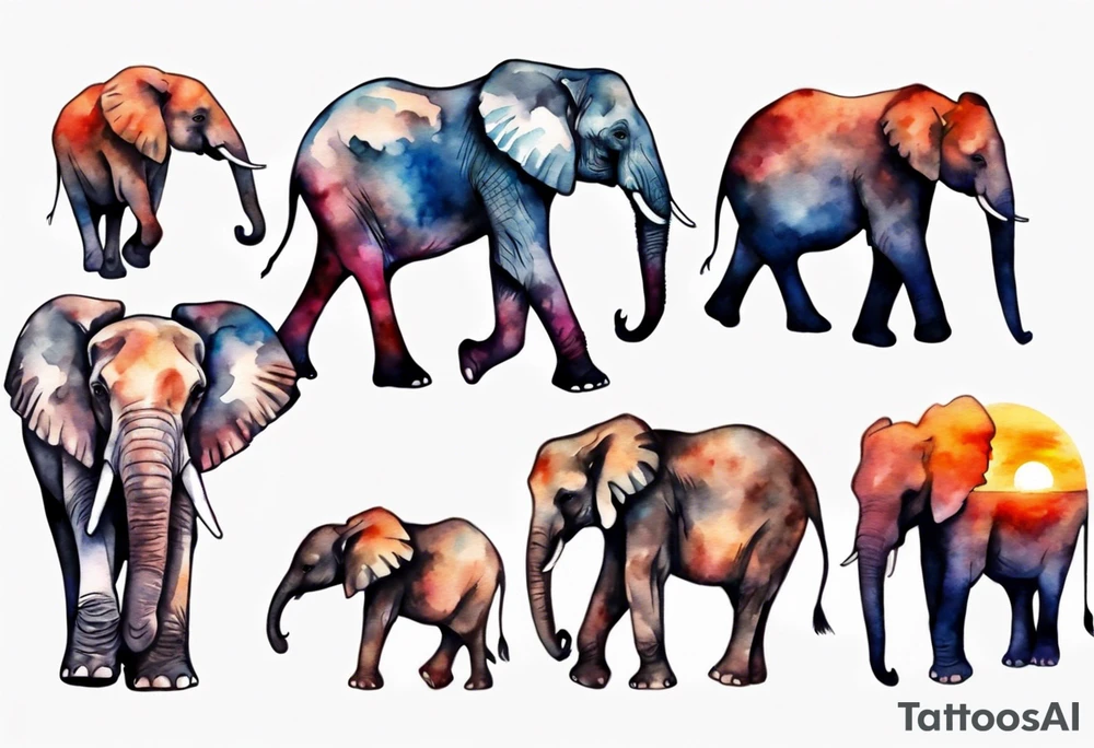 family of 6 elephants walking into sunset tattoo idea