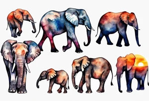 family of 6 elephants walking into sunset tattoo idea