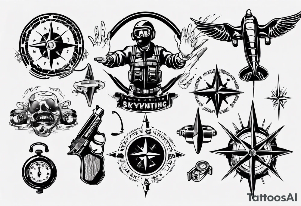 skydiving, shooting guns, compass, adventure tattoo idea