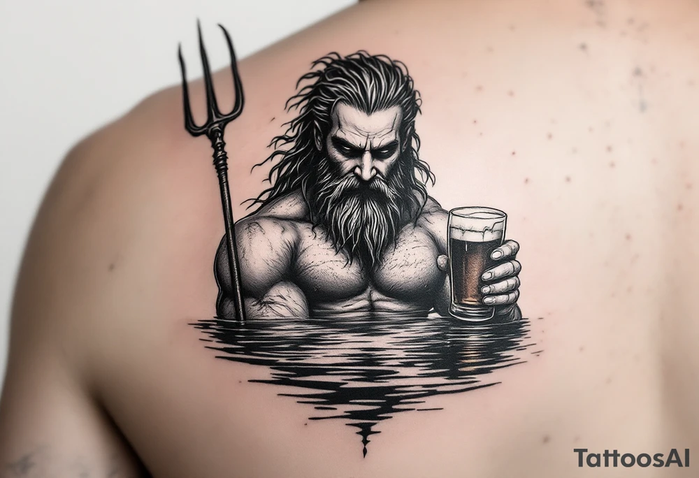 poseidon in calm water, holding a trident, holding a beer tattoo idea
