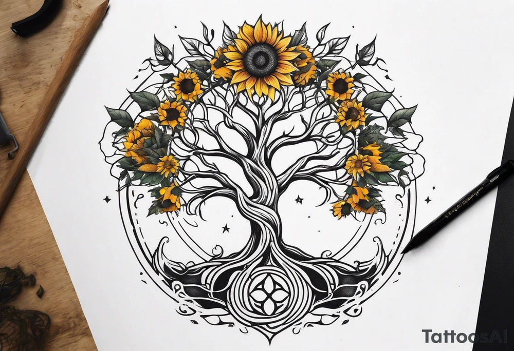 Yggdrasil tree, horse, sunflower tattoo idea