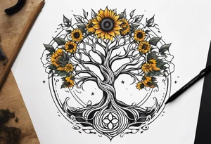 Yggdrasil tree, horse, sunflower tattoo idea