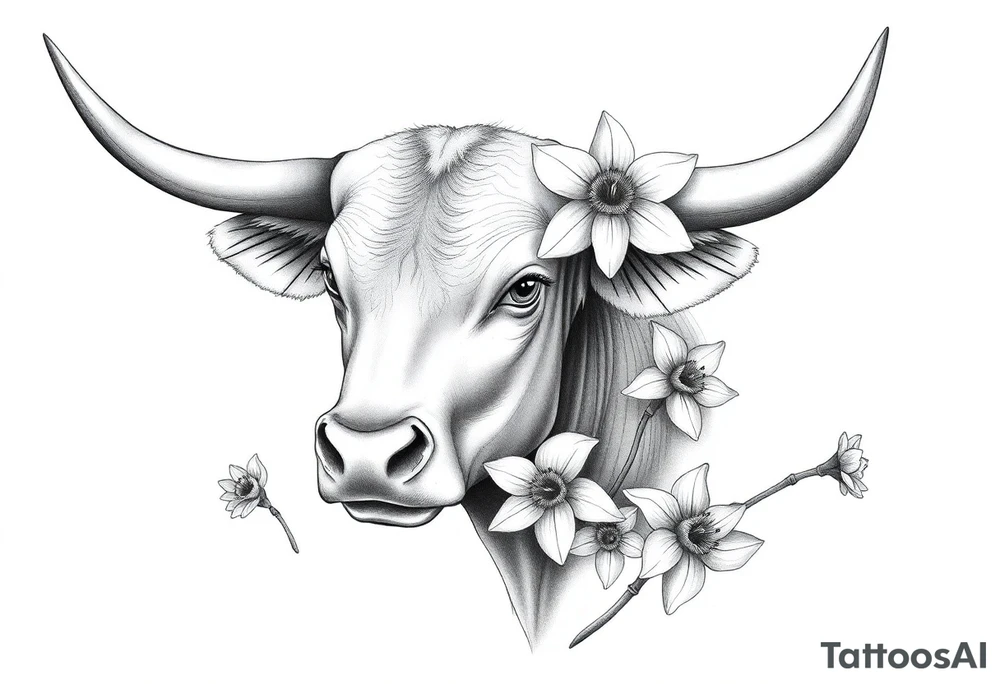 Bull with daffodils feminine tattoo idea