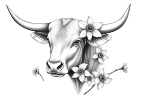 Bull with daffodils feminine tattoo idea