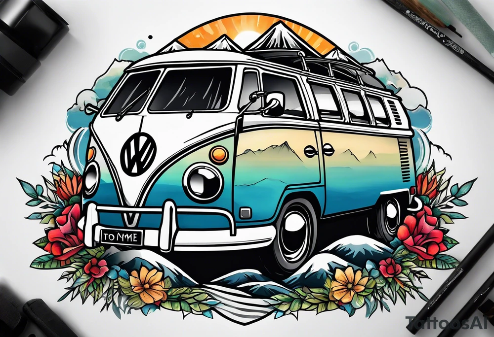 directional Compass rose, mountains and VW Komi campervan tattoo idea