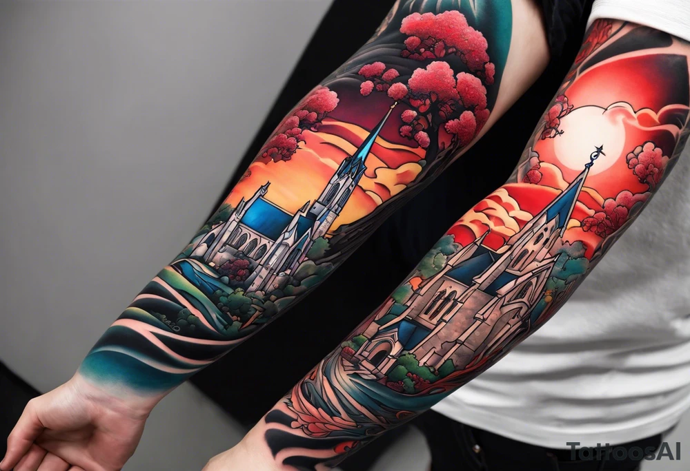 Full arm sleeve with multiple elements blended together. I want the Duke university chapel , cherry tree elements , red clouds from akatski , naruto , Atl skyline and captain C tattoo idea