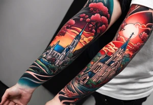Full arm sleeve with multiple elements blended together. I want the Duke university chapel , cherry tree elements , red clouds from akatski , naruto , Atl skyline and captain C tattoo idea
