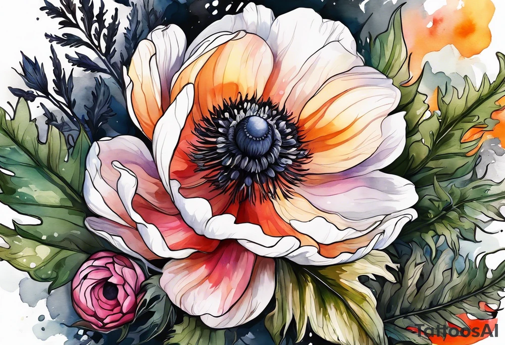 a white anemone with black center with thistles, ferns, sun flowers, red flowers, pink flowers, orange flowers, yellow flowers in watercolor tattoo idea