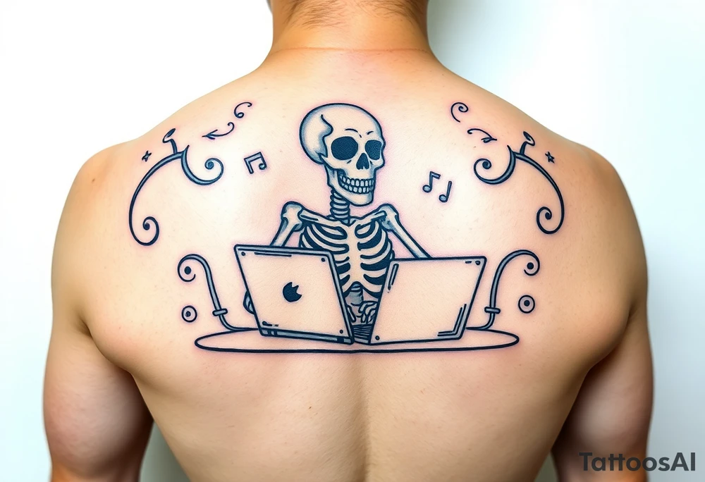 skeleton working at a desk with a laptop tattoo idea