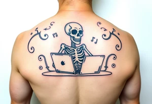 skeleton working at a desk with a laptop tattoo idea