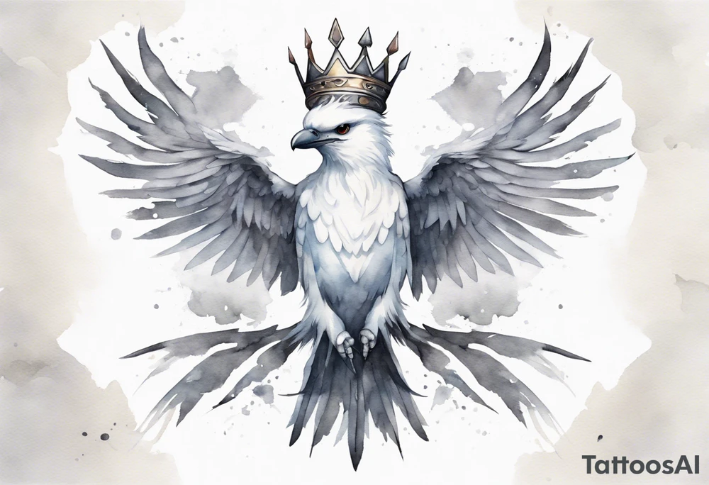 a solitary white thunderbird wearing a grey crown tattoo idea