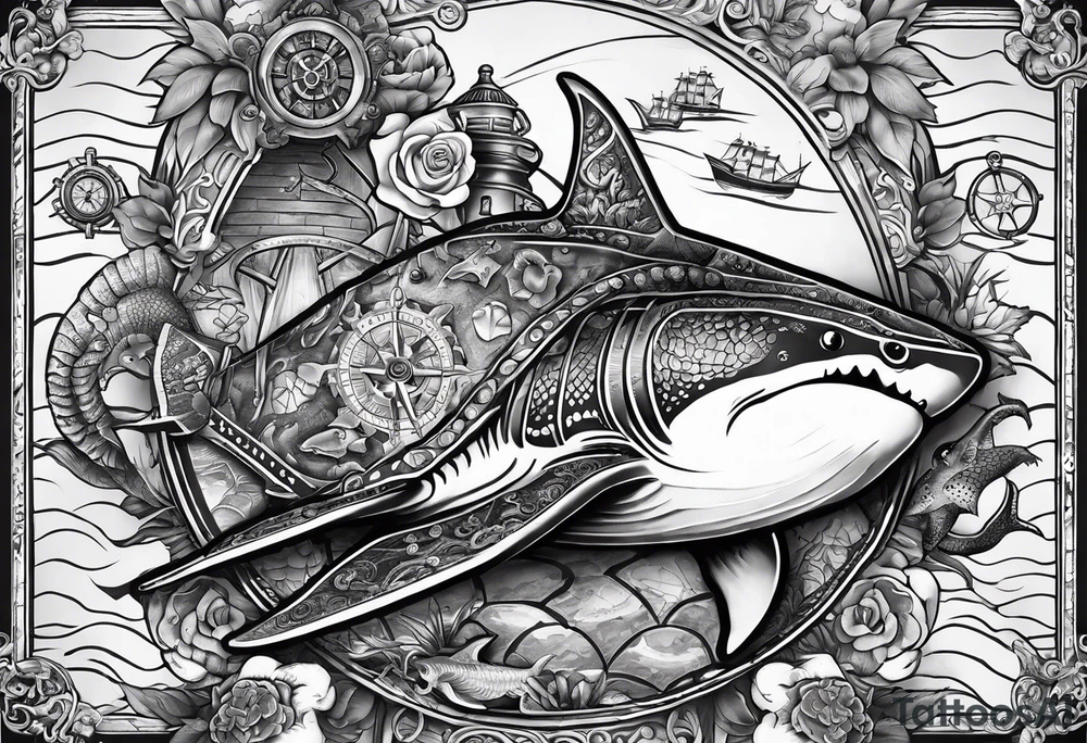 Nautical theme leg tattoo with shark, turtle, treasure map, compass, octopus, bell diver tattoo idea