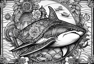 Nautical theme leg tattoo with shark, turtle, treasure map, compass, octopus, bell diver tattoo idea