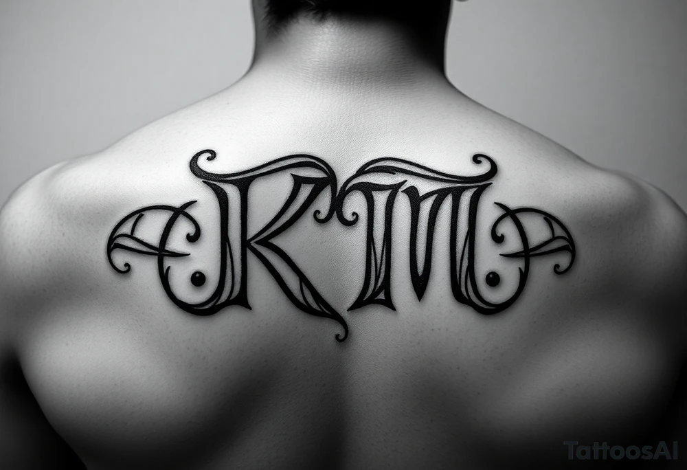 letters only fancy but rugged twisted and intertwined circular arched curvy lettering (KM -KeezY MadE) almost like the the roca wear symbol clothing brand trademark RW but with KM tattoo idea