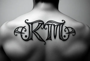 letters only fancy but rugged twisted and intertwined circular arched curvy lettering (KM -KeezY MadE) almost like the the roca wear symbol clothing brand trademark RW but with KM tattoo idea