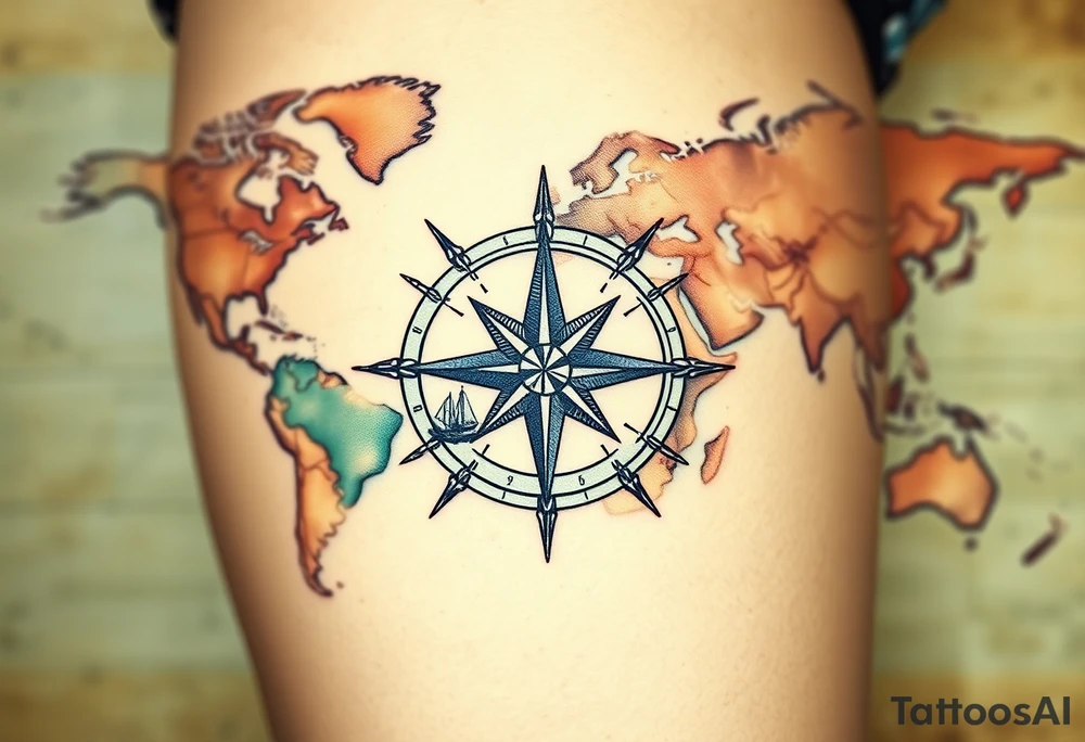 antique compass rose overlaid on weathered world map with sailing ships tattoo idea