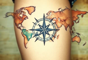 antique compass rose overlaid on weathered world map with sailing ships tattoo idea