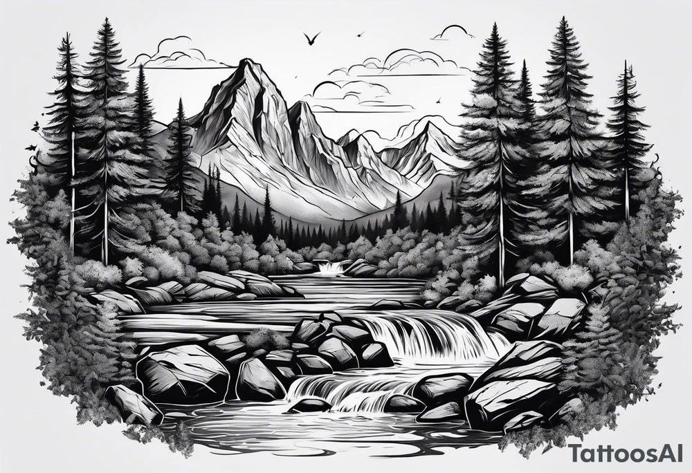 forrest 
river running through rocks and mountains tattoo idea