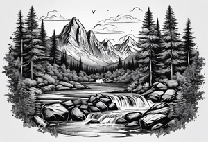 forrest 
river running through rocks and mountains tattoo idea