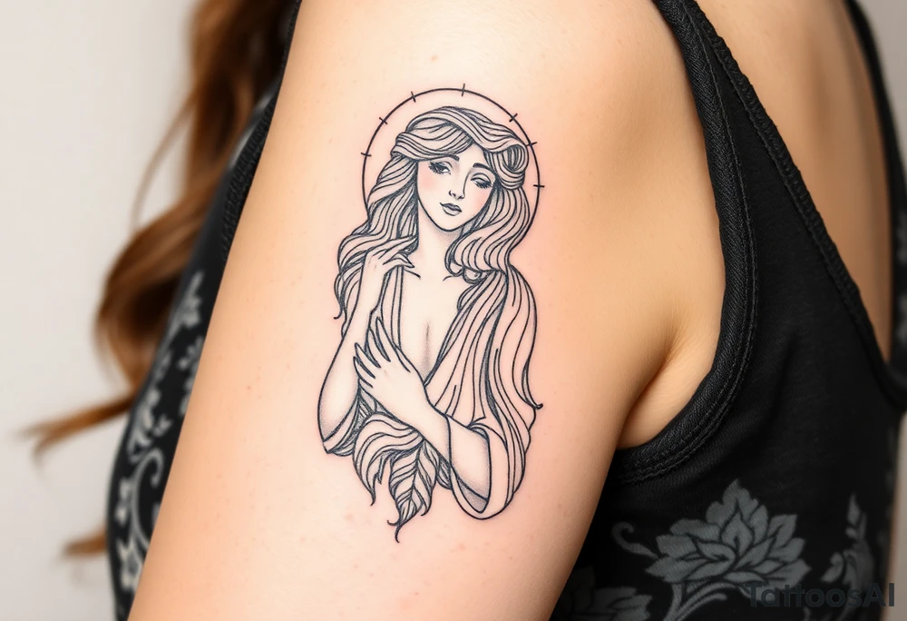 Florence from Florence and the machine as a saint in an art nouveau  style similar to her dance fever album cover art tattoo idea