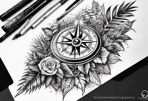 full arm sleeve tattoo with Viking compass and all-seeing eye surrounded by jungle plants tattoo idea