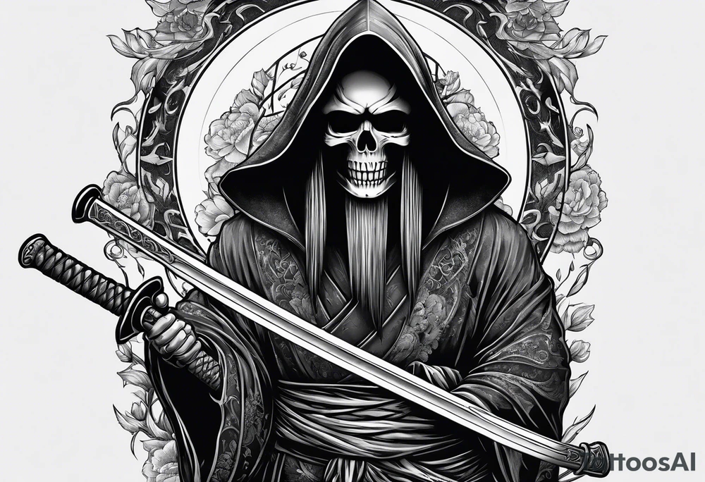 katana with grim reaper and skull tattoo idea